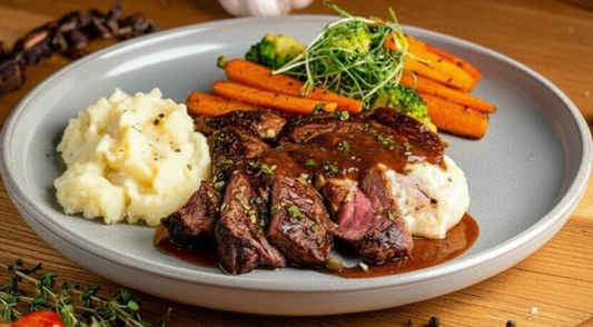 Image of Roast Haunch of Venison with carrots, mash potato and braised cabbage